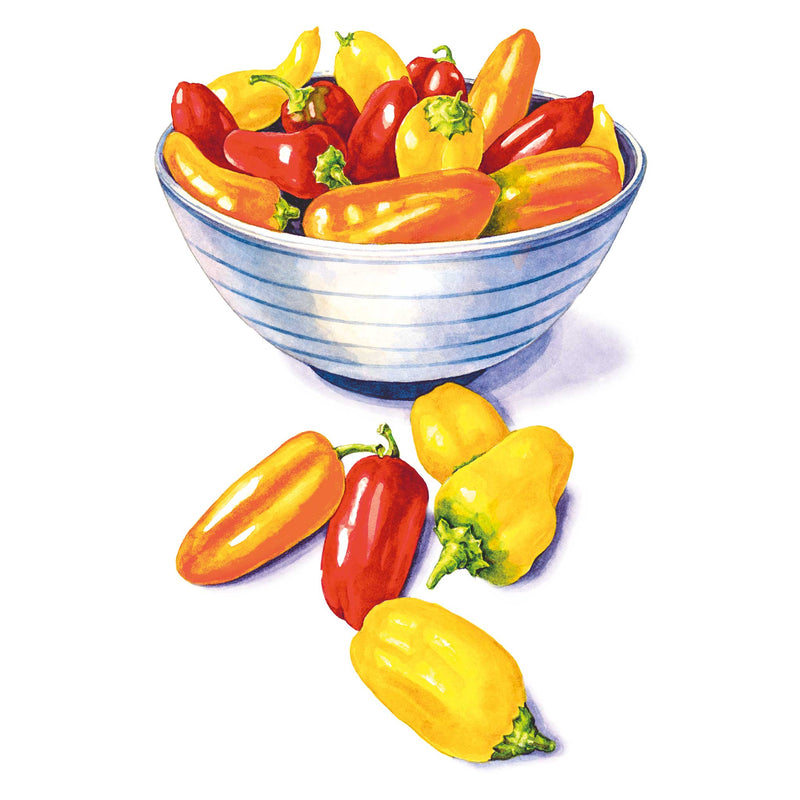 Bowl filled with colorful Delite Blend Sweet Snacking Peppers on a white background