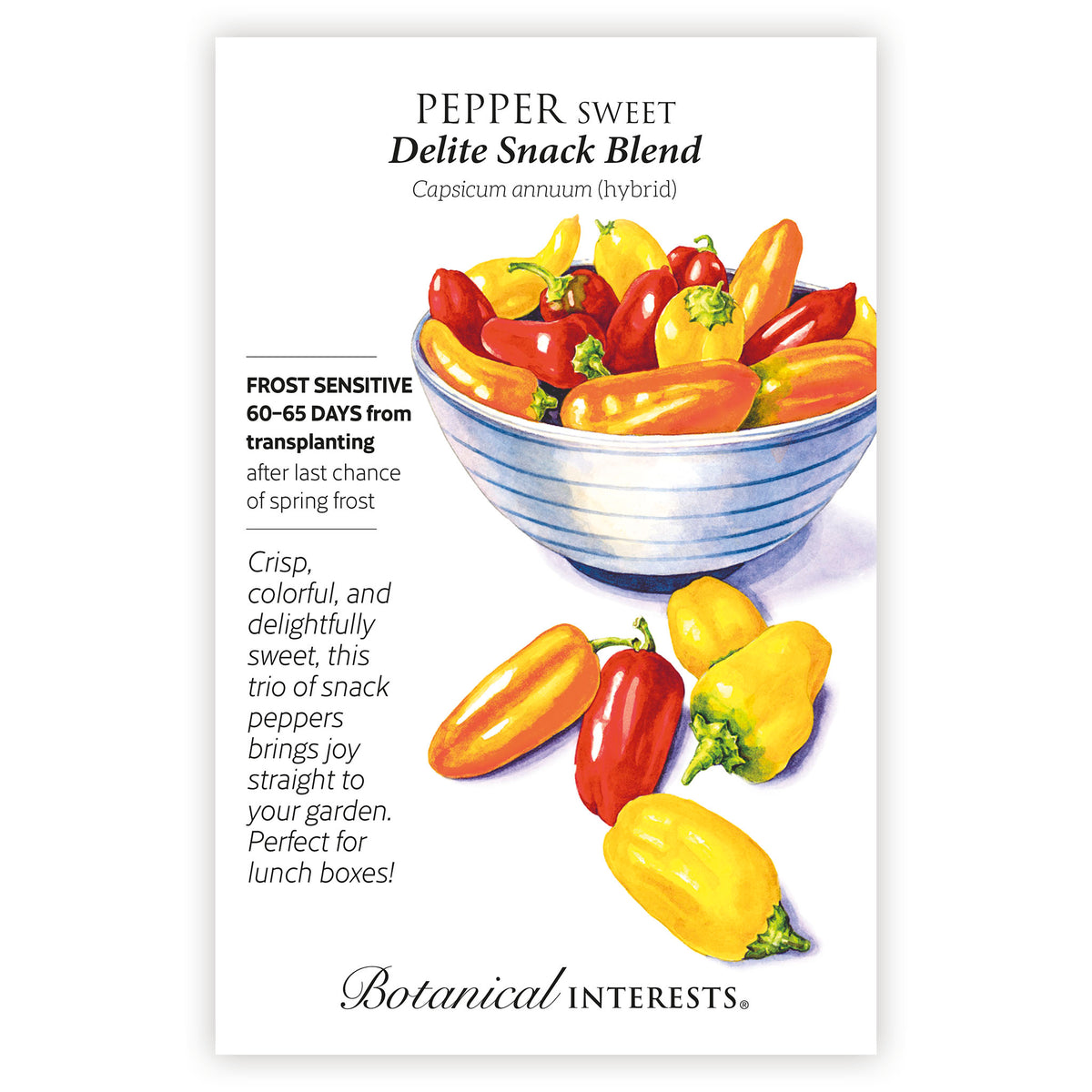 Seed packet for 'Pepper sweet Delite Snack Blend' with colorful peppers illustration and botanical information. 