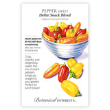 Seed packet for 'Pepper sweet Delite Snack Blend' with colorful peppers illustration and botanical information. 