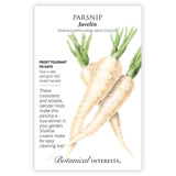 Javelin Parsnip seed packet with botanical illustration and botanical information on a white background