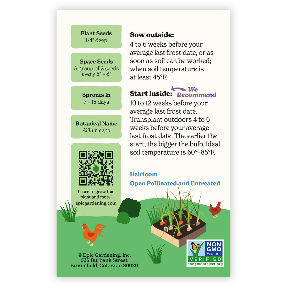 Sweet Spanish Utah Yellow Onion seed packet with planting instructions and QR code on a white background