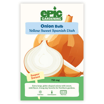 Epic Gardening Sweet Spanish Utah Yellow Onion bulb package with illustration and text on a white background