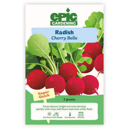 Epic Gardening Radish Cherry Belle seed packet with radishes on a white background