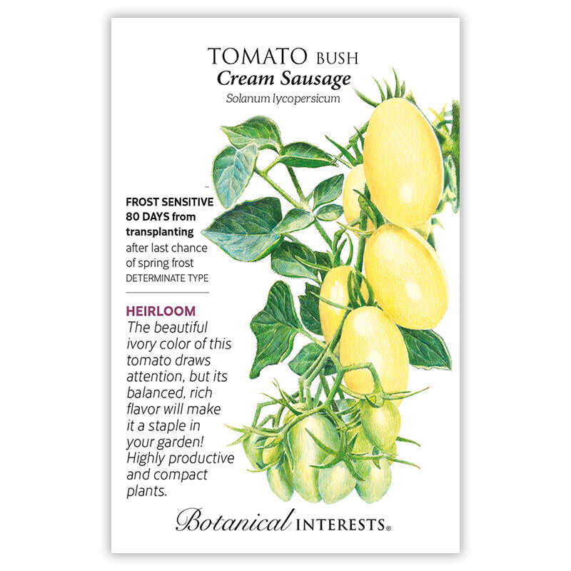 Seed packet for Tomato Bush Cream Sausage with illustrations and botanical information on a white background