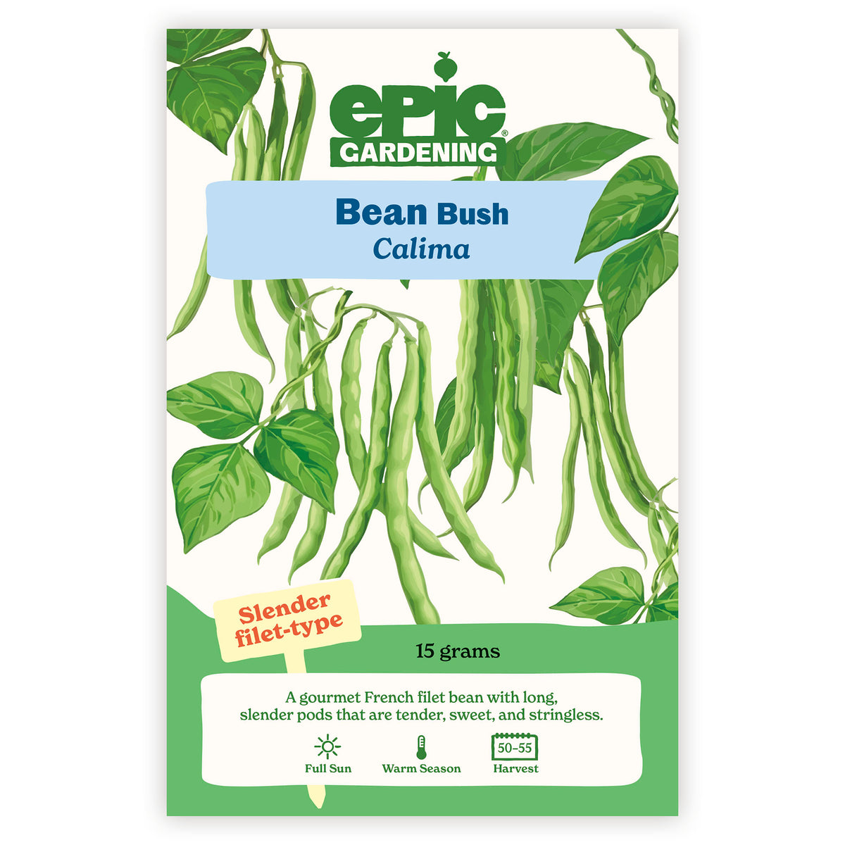 Epic Gardening Bean Bush Calima seed packet with green beans and leaves on a white background