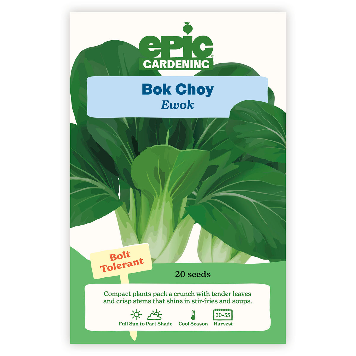 Epic Gardening Bok Choy Ewok seed packet on a white background