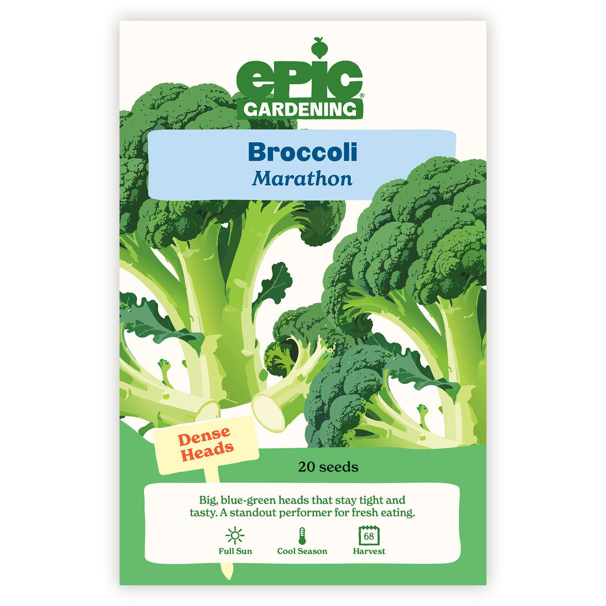 Epic Gardening Broccoli Marathon seed packet on a white background