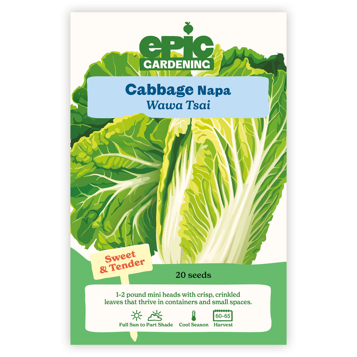 Seed packet for Cabbage Napa Wawa Tsai by Epic Gardening on a white background