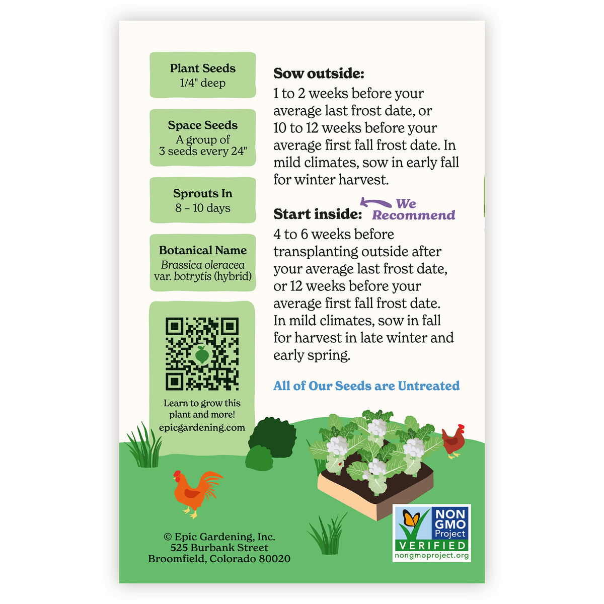 Pureza Cauliflower seed packet with gardening instructions and QR code on a white background