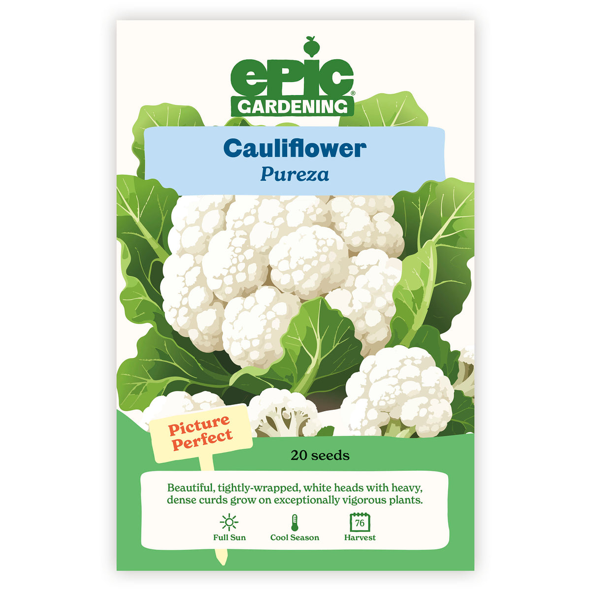 Cauliflower Pureza seed packet with Epic Gardening branding on a white background