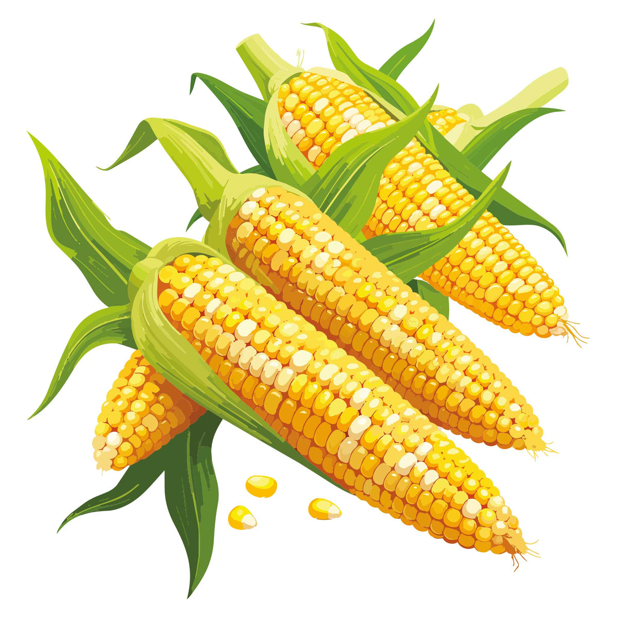 Illustration of Quick Start Sweet Corn on the cob with green leaves on a white background
