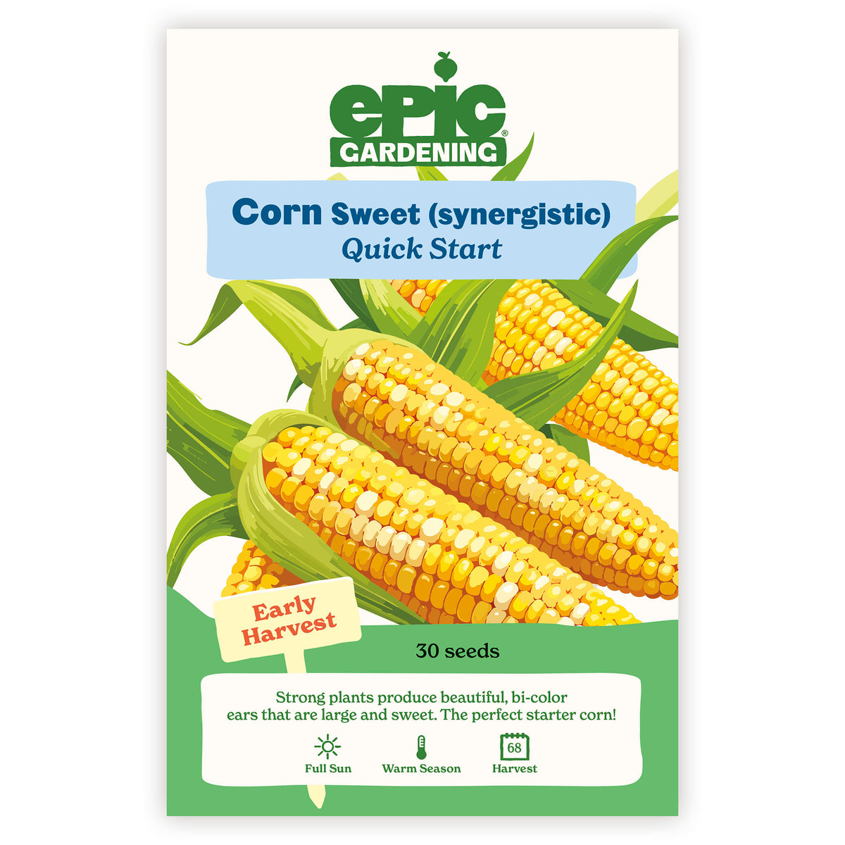 Epic Gardening Quick Start Sweet Corn seed packet with illustrations of corn ears on a white background