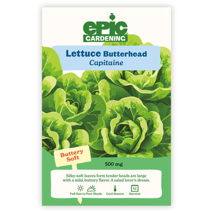 Epic Gardening Lettuce Butterhead Capitaine seed packet on a white background