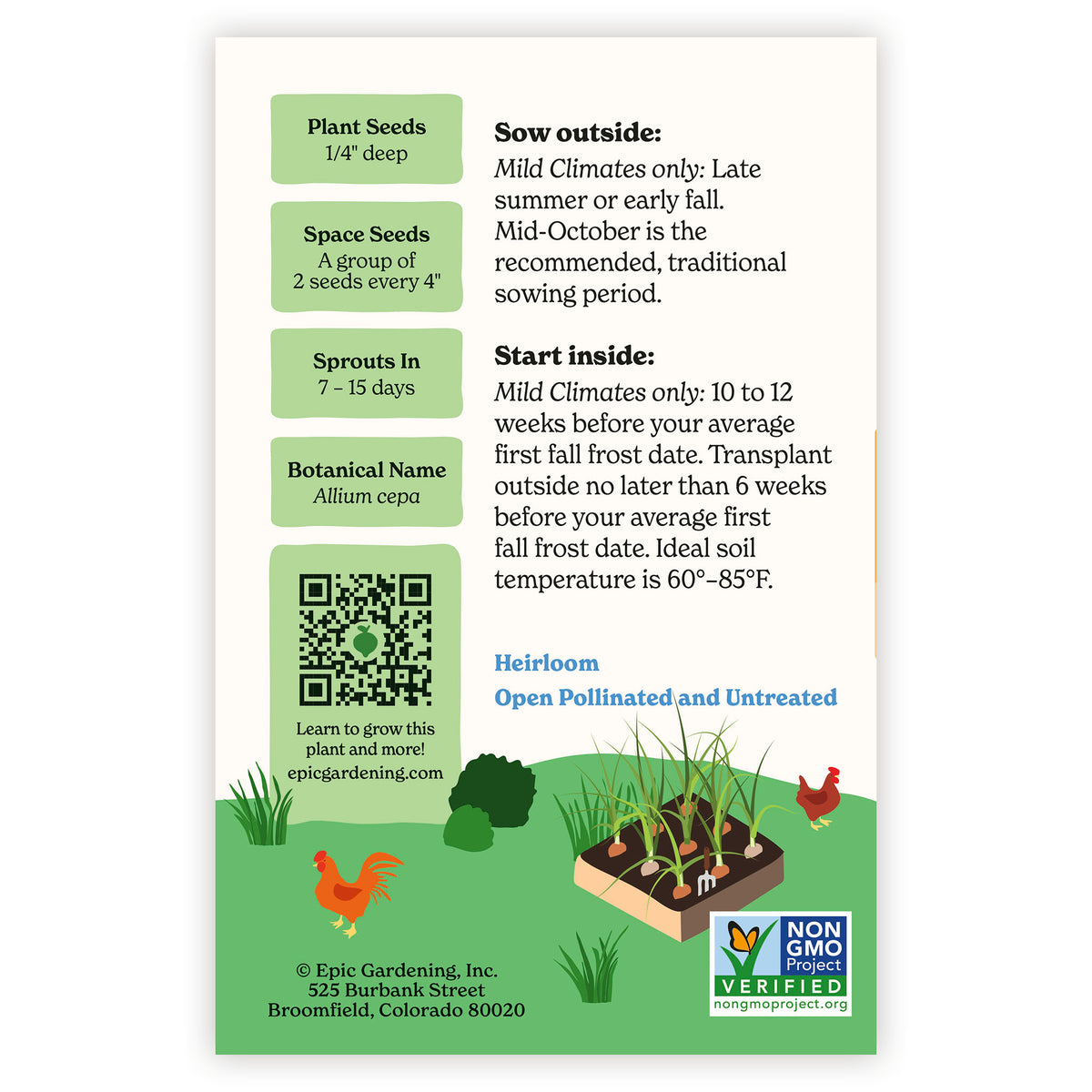 Texas Early Grano Yellow Onion seed packet with growing instructions and QR code on a white background