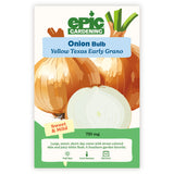 Epic Gardening Onion Bulb seed packet for Yellow Texas Early Grano onions on a white background