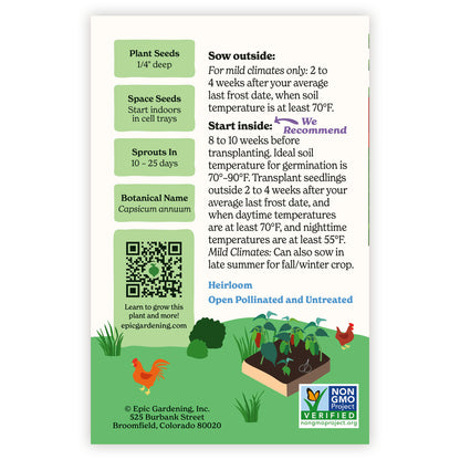 Seed packet of Anaheim Chile Pepper with gardening instructions and QR code on a white background