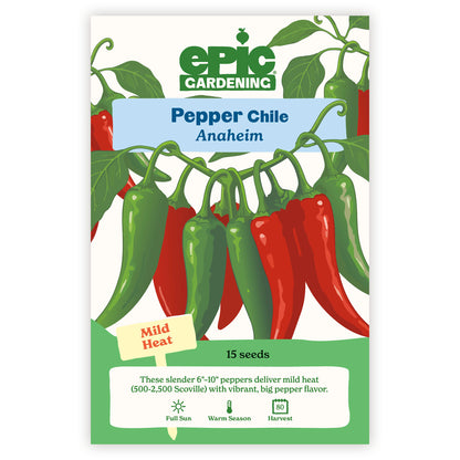Epic Gardening Pepper Chile Anaheim seed packet with peppers on a white background