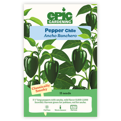 Epic Gardening Ancho Ranchero Chile Pepper seed packet with illustrations of peppers and leaves.