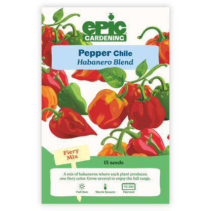 Epic Gardening Pepper Chile Habanero Blend seed packet with colorful peppers on a white background