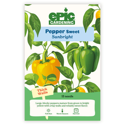 Epic Gardening Pepper Sweet Sunbright seed packet with illustrations of peppers and plant leaves.