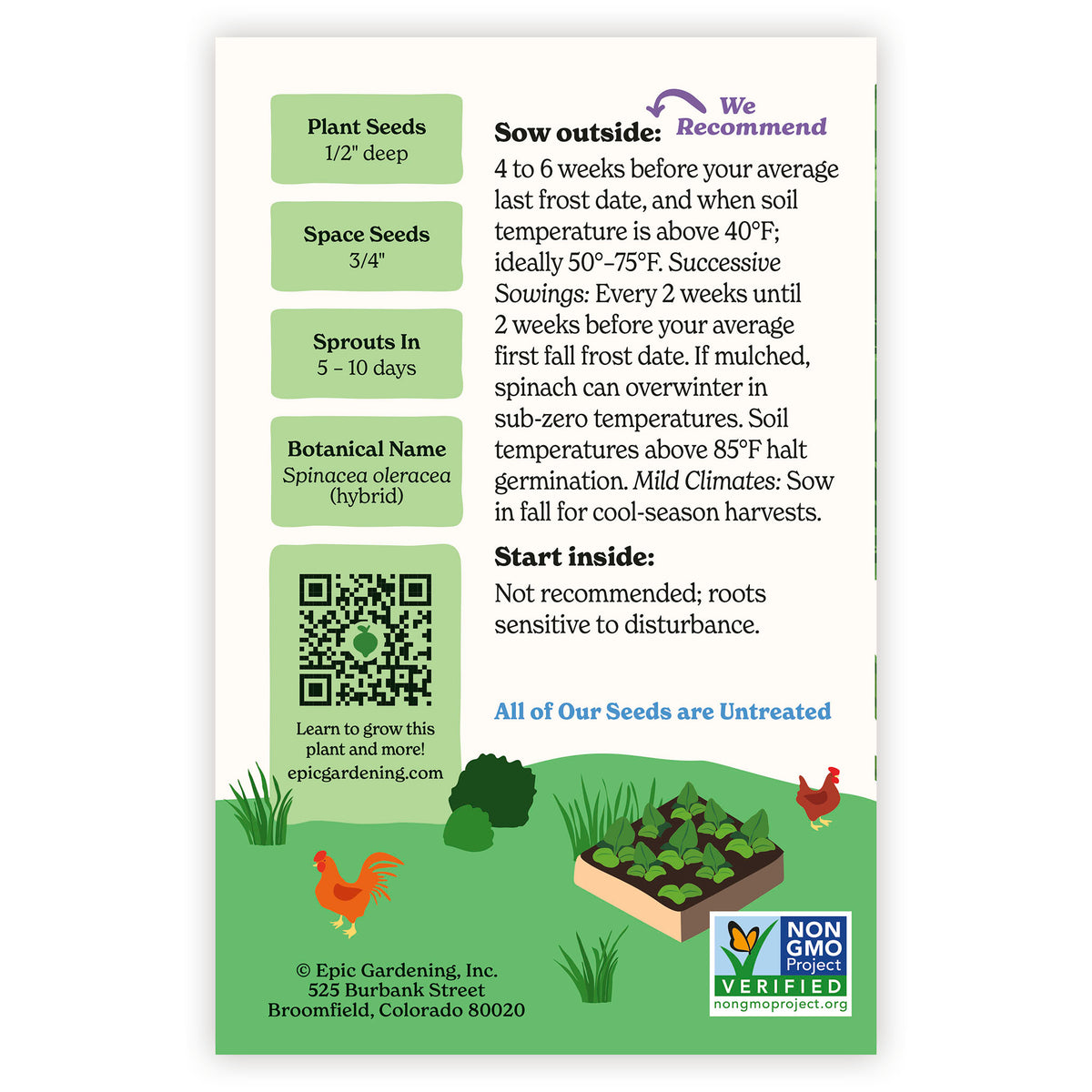 Jeep Spinach seed packet with growing instructions and QR code on a white background