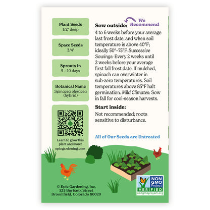 Jeep Spinach seed packet with growing instructions and QR code on a white background