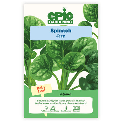 Jeep Spinach seed packet with Epic Gardening branding on a white background