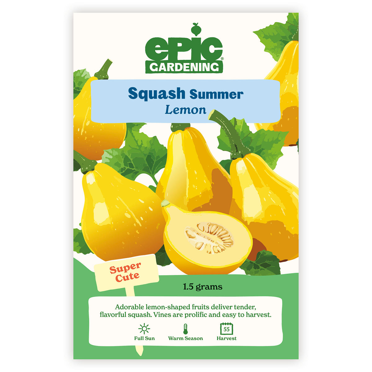 Squash Summer Lemon seed packet by Epic Gardening with images of yellow squash and text.