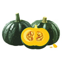 Two whole green Kabocha Winter Squash and one halved slice squash on a white background