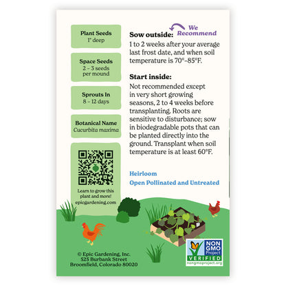 Kabocha Winter Squash seed packet with gardening instructions and QR code on a white background