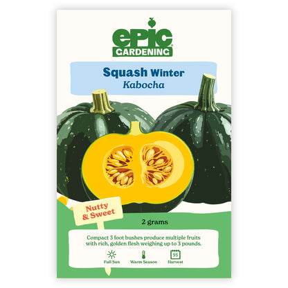 Epic Gardening Squash Winter Kabocha seed packet with illustrations of a whole and sliced squash.