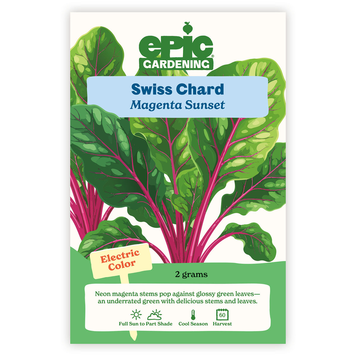 Seed packet for Swiss Chard with Epic Gardening branding on a white background