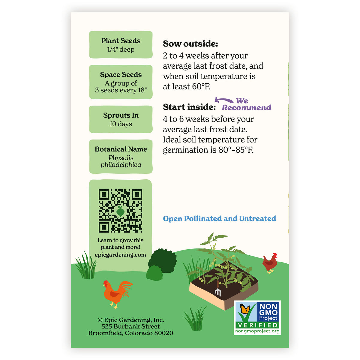 Seed packet of Grande RIo Verde Tomatillo with planting instructions and QR code on a white background