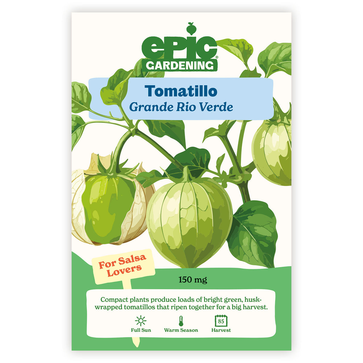 Epic Gardening Tomatillo Grande Rio Verde seed packet on a white background