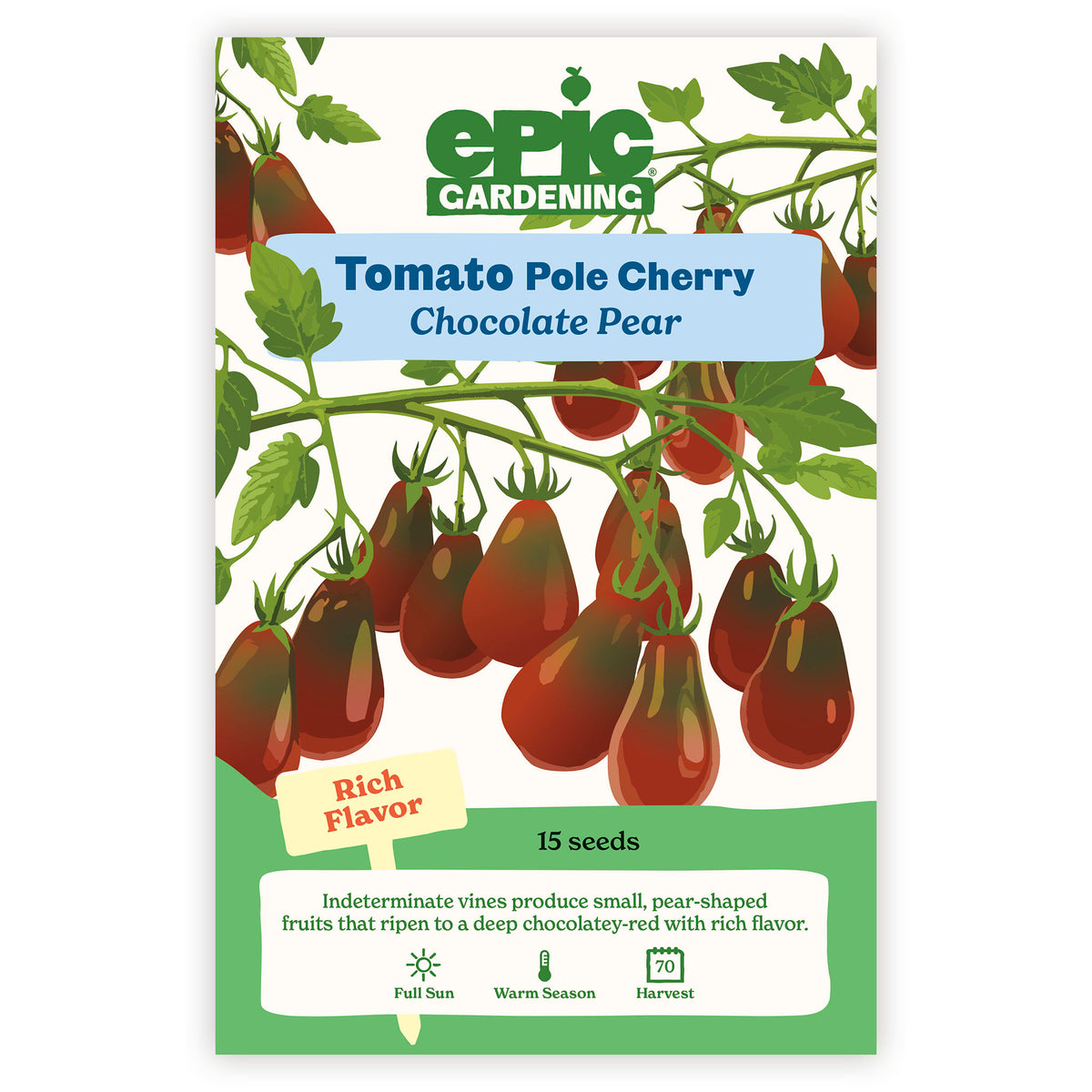 Tomato Pole Cherry Chocolate Pear seed packet by Epic Gardening on a white background