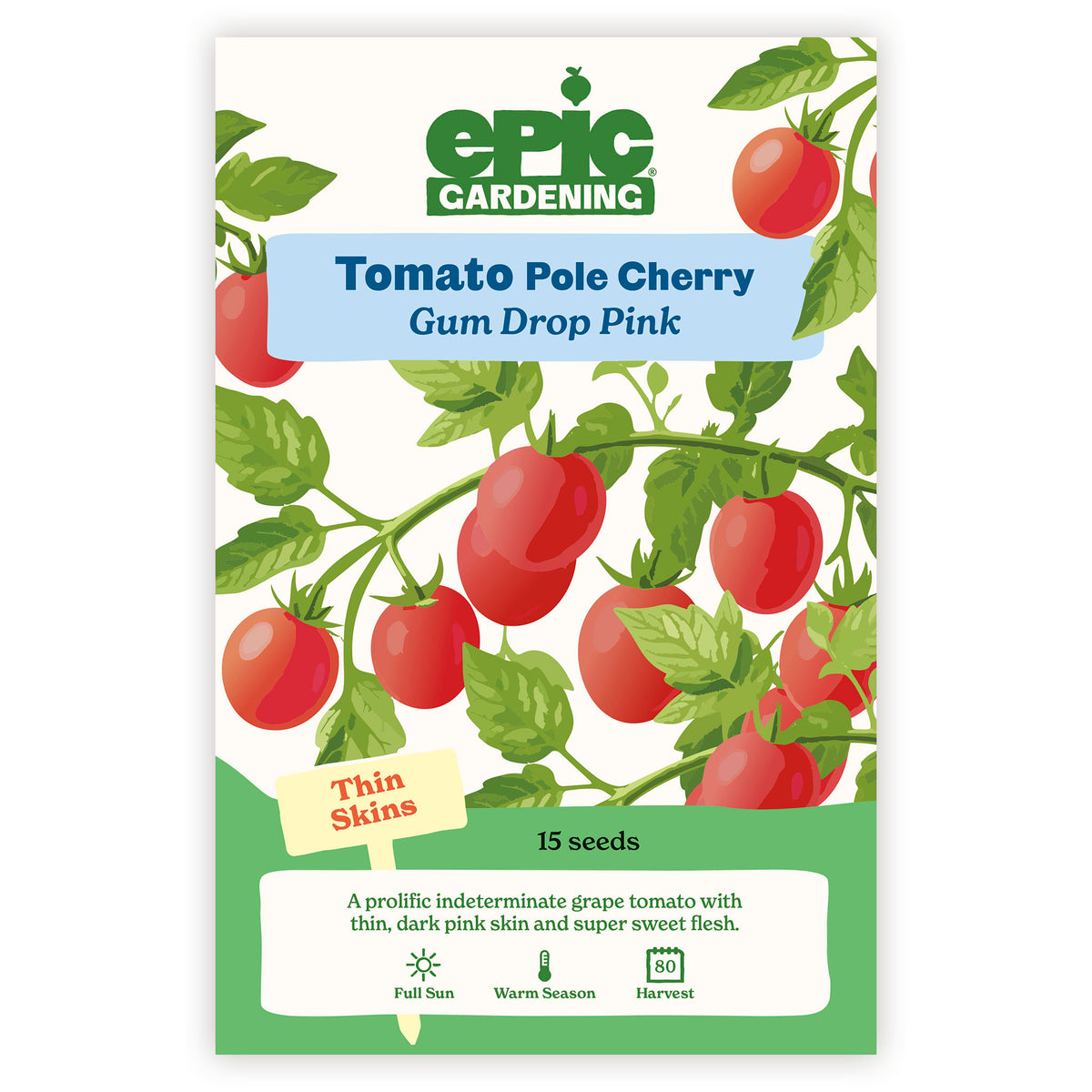 Epic Gardening Tomato Pole Cherry Gum Drop Pink seed packet on a white background