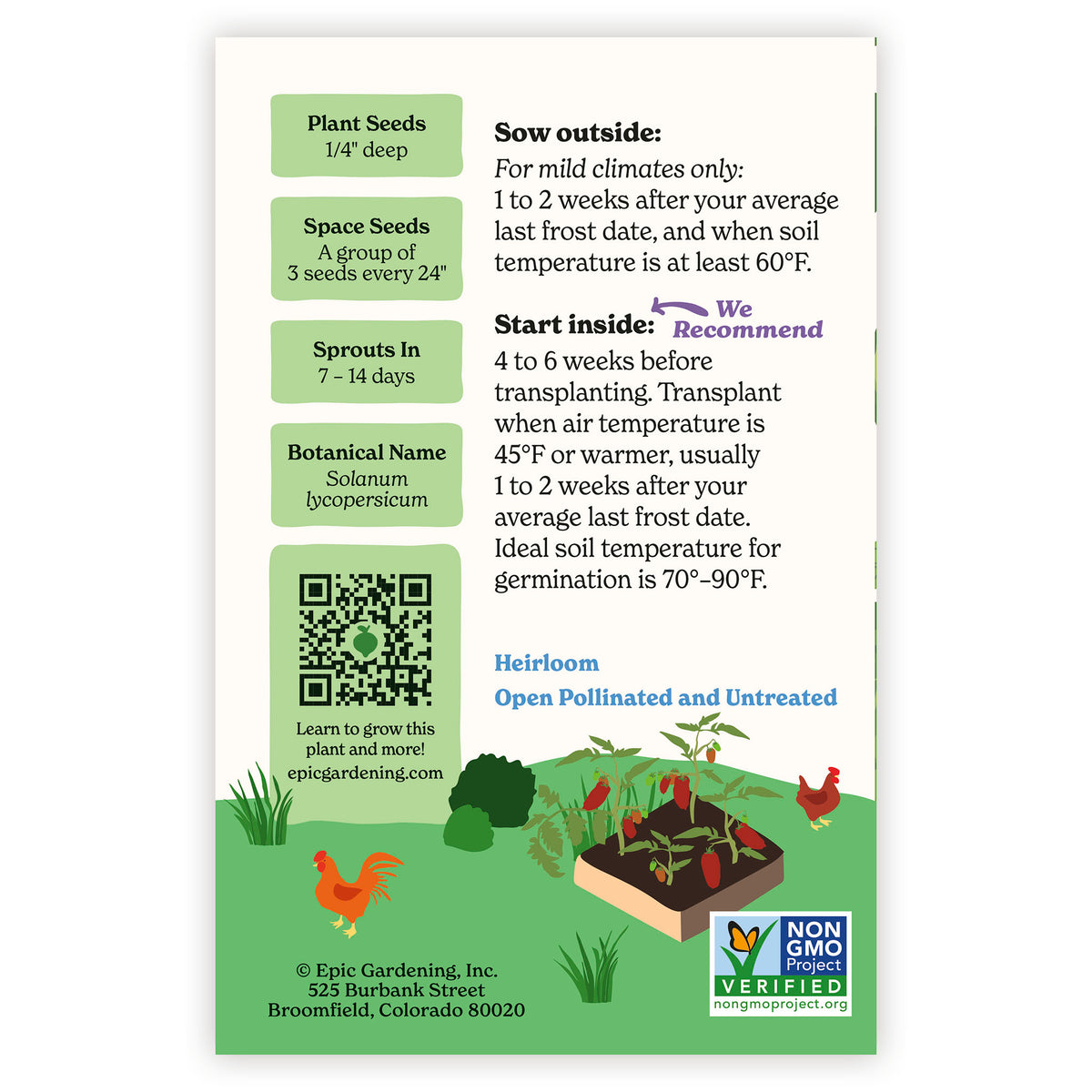 Seed packet of Tomato Jersey Devil with gardening instructions and QR code on a white background
