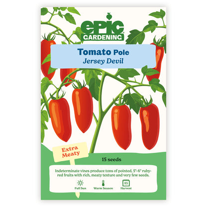 Tomato Pole Jersey Devil seed packet with red tomatoes and Epic Gardening branding.