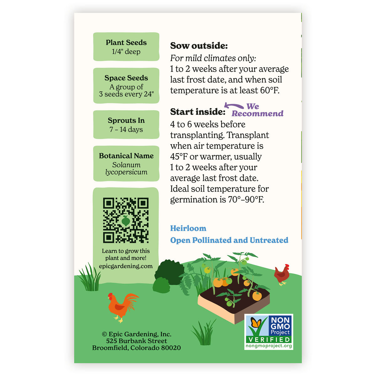 Striped German Pole Tomato seed packet with gardening instructions and QR code on a white background