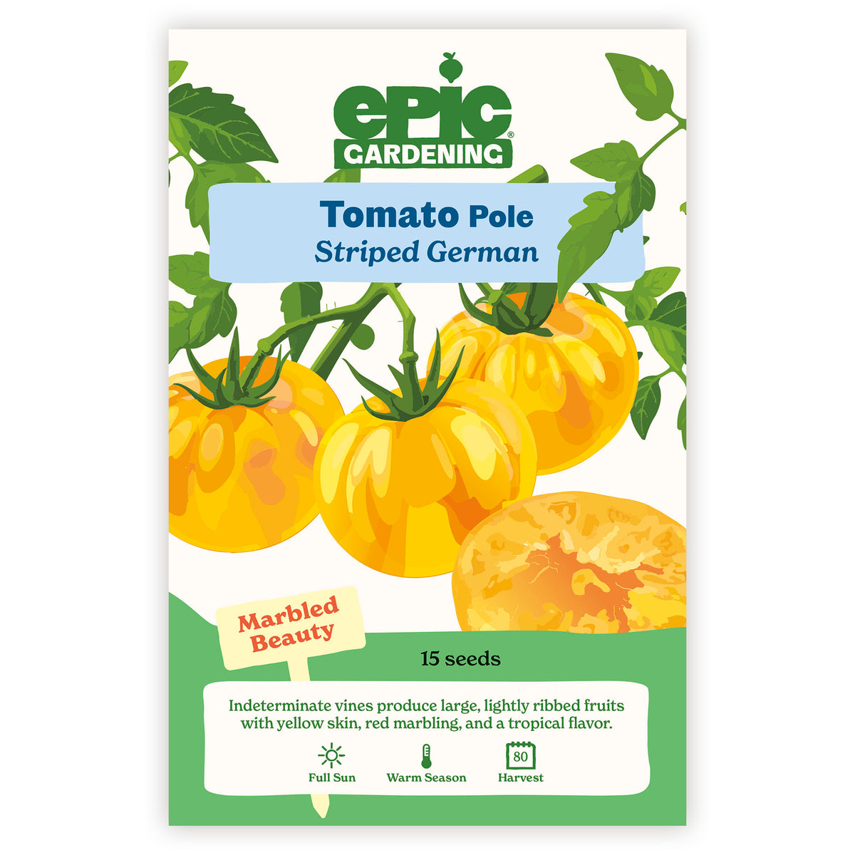 Epic Gardening Tomato Pole Striped German seed packet with illustrations of yellow tomatoes on a white background.