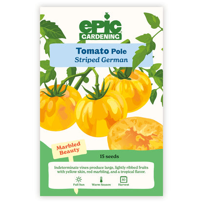 Epic Gardening Tomato Pole Striped German seed packet with illustrations of yellow tomatoes on a white background.