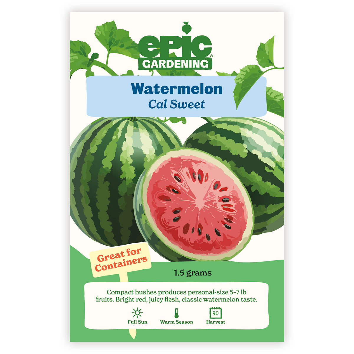 Epic Gardening Cal Sweet Watermelon seed packet with illustrations of watermelons on a white background