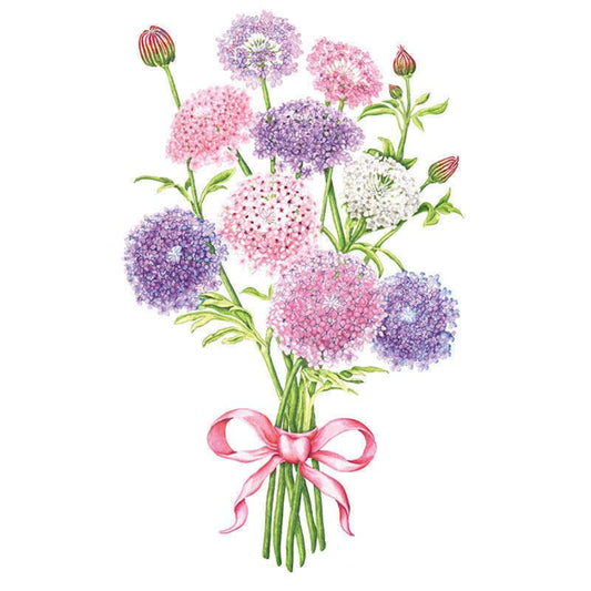 Illustrated bouquet of Madonna Blend lace flower, showing rounded pompom blooms in pink, lavender-purple, and white with a few unopened red-tipped buds, stems tied with a pink ribbon bow on a white background.