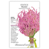 Seed packet for Russian Statice featuring an illustration of a tied bundle of curling pink flower spikes on green stems, with text noting it's a full-sun annual heirloom, 12–18 inches tall, blooming summer to fall and suited to cut-flower arrangements.