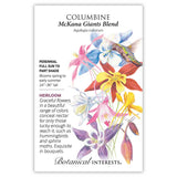 Seed packet for Columbine McKana Giants Blend featuring an illustration of pink, blue, red, yellow, and purple bicolor blooms with a hummingbird feeding, alongside text noting it's a heirloom perennial for full sun to part shade, blooming spring to early summer, 24–36 inches tall.