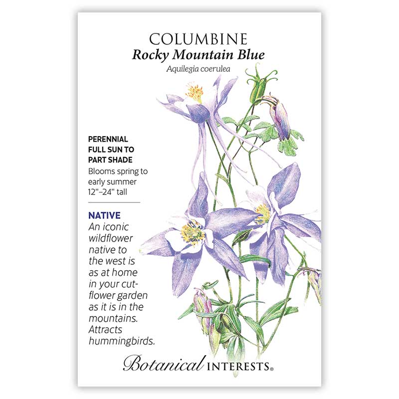 Seed packet for Rocky Mountain Blue Columbine featuring a botanical illustration of pale blue-lavender, star-shaped flowers with white centers and long spurred petals on slender green stems; text notes it's a native perennial, 12"-24" tall, blooming spring to early summer in full sun to part shade, and attracts hummingbirds.