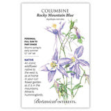 Seed packet for Rocky Mountain Blue Columbine featuring a botanical illustration of pale blue-lavender, star-shaped flowers with white centers and long spurred petals on slender green stems; text notes it's a native perennial, 12