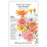 Seed packet for Cape Marigold African Daisy featuring an illustration of daisy-like blooms in orange, pink, yellow, and white with purple centers, plus text noting it's a full-sun annual growing 8