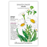 Seed packet for Alaska Shasta Daisy featuring a watercolor illustration of white daisies with yellow centers on green stems, alongside text noting it's a full-sun perennial heirloom, blooming 24–36 inches tall in summer.