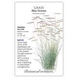 Seed packet for Blue Grama Grass illustrating a clump of slender green blades topped with distinctive horizontal, comb-like tan seedheads, with printed text noting it's a native, drought-tolerant perennial for full sun, growing 12–20 inches tall and blooming summer to frost.